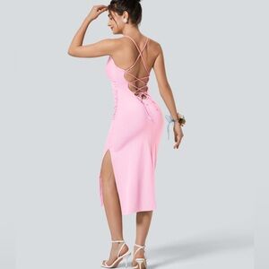Halara Crossover Ruched Backless Lace Up Split Bodycon Cool Touch Dress Large